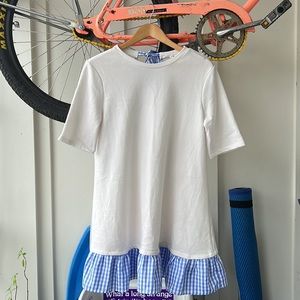 White Pilgrim Dress with a Blue Plaid Frill Bottom, Size Small